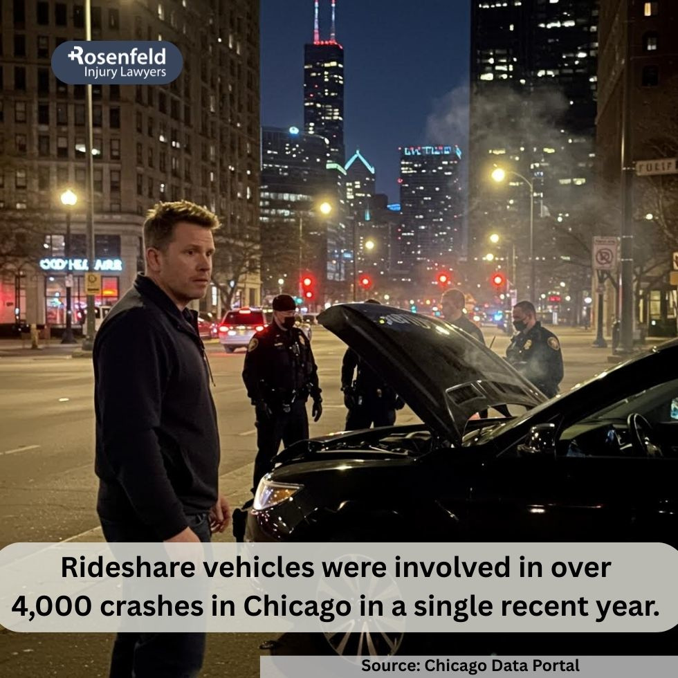 Police report being taken at the scene of a Chicago Uber accident involving multiple vehicles and injured parties.